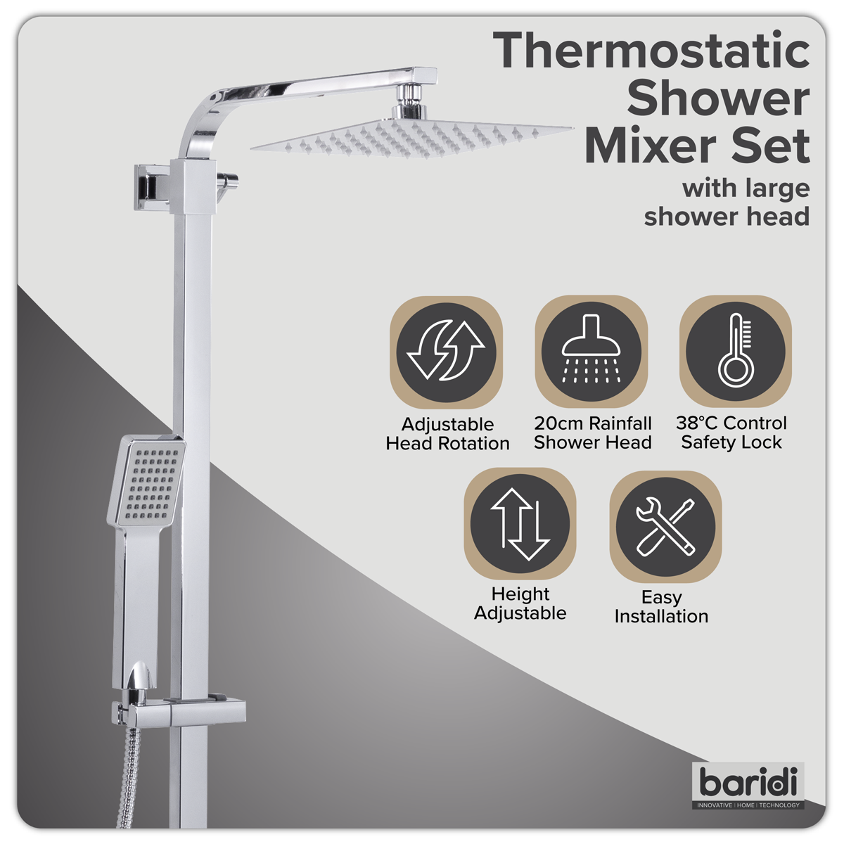 Baridi DH317 Thermostatic Shower Mixer Set, 20x20cm Square Head, Adjustable Rail - Black