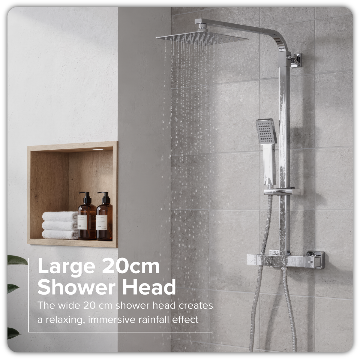 Baridi DH317 Thermostatic Shower Mixer Set, 20x20cm Square Head, Adjustable Rail - Black