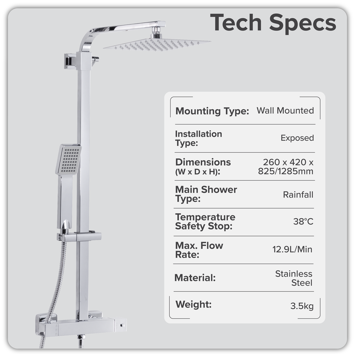 Baridi DH317 Thermostatic Shower Mixer Set, 20x20cm Square Head, Adjustable Rail - Black