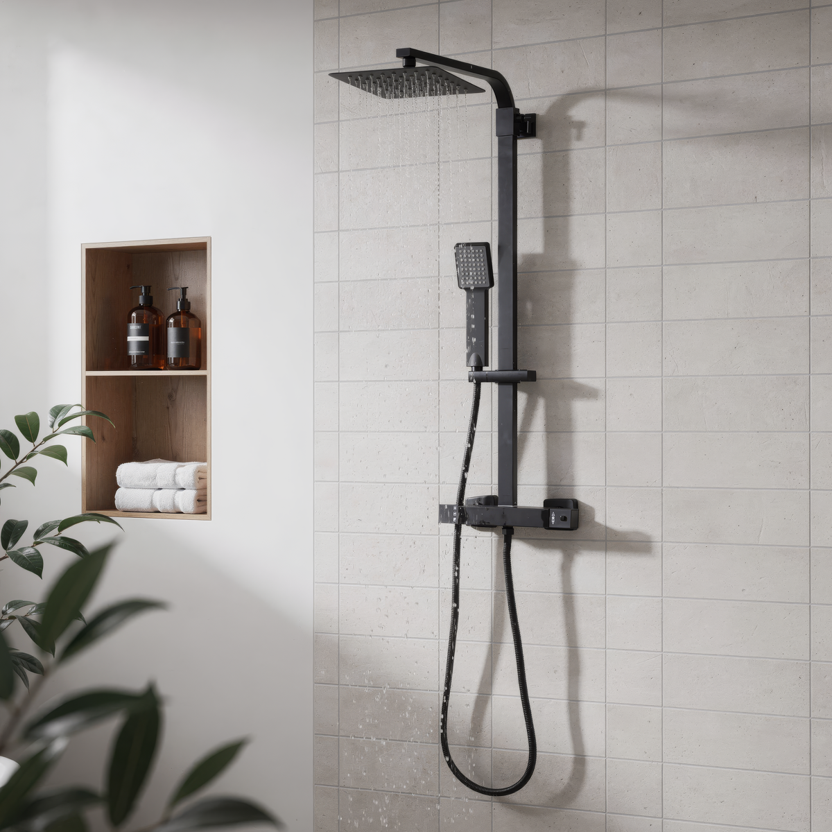 Baridi DH317 Thermostatic Shower Mixer Set, 20x20cm Square Head, Adjustable Rail - Black