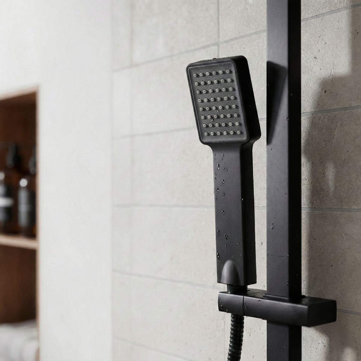 Baridi DH317 Thermostatic Shower Mixer Set, 20x20cm Square Head, Adjustable Rail - Black