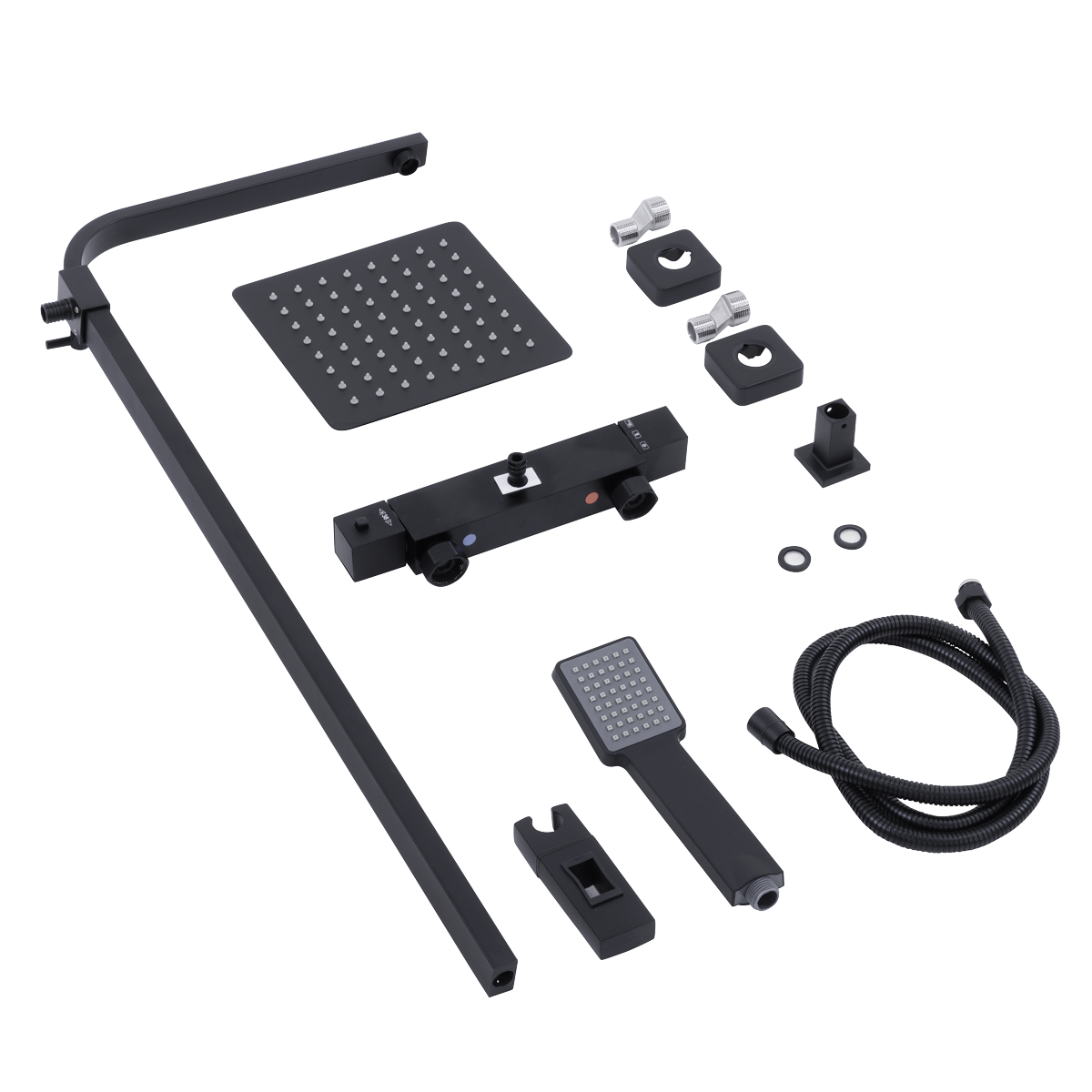 Baridi DH317 Thermostatic Shower Mixer Set, 20x20cm Square Head, Adjustable Rail - Black