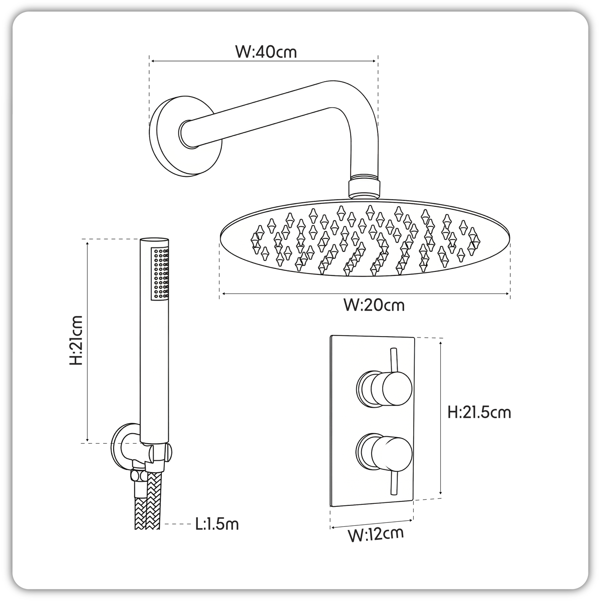 Baridi DH319 Concealed Thermostatic Shower Set, 20cm Round Head & Hand Shower - Black