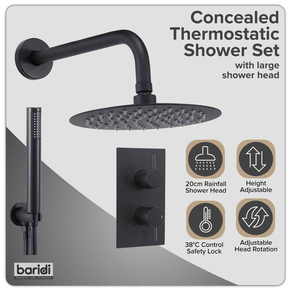 Baridi DH319 Concealed Thermostatic Shower Set, 20cm Round Head & Hand Shower - Black