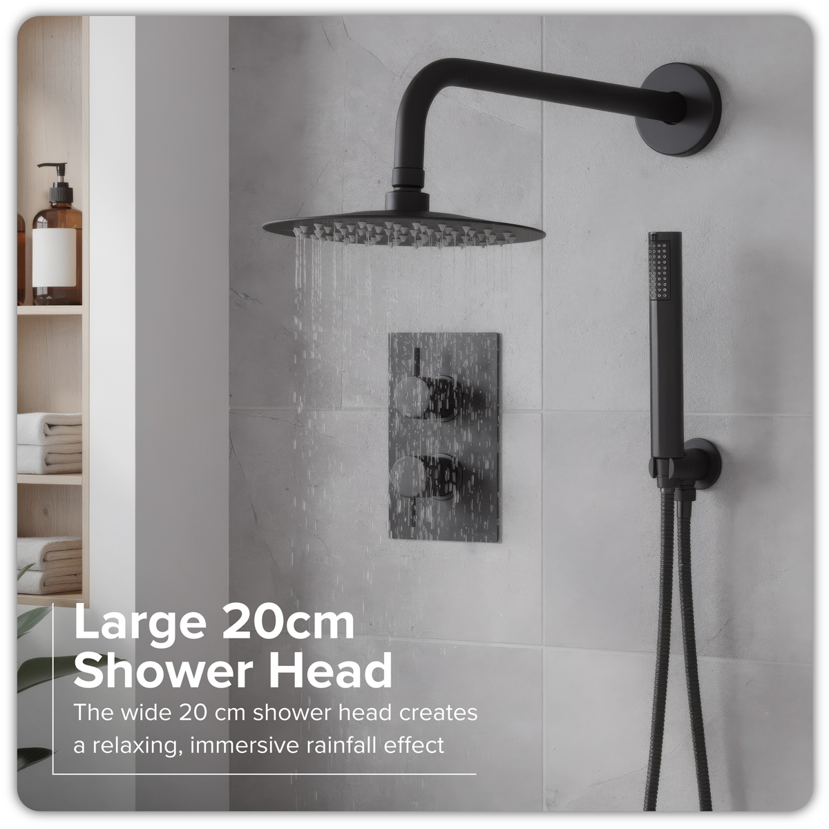 Baridi DH319 Concealed Thermostatic Shower Set, 20cm Round Head & Hand Shower - Black