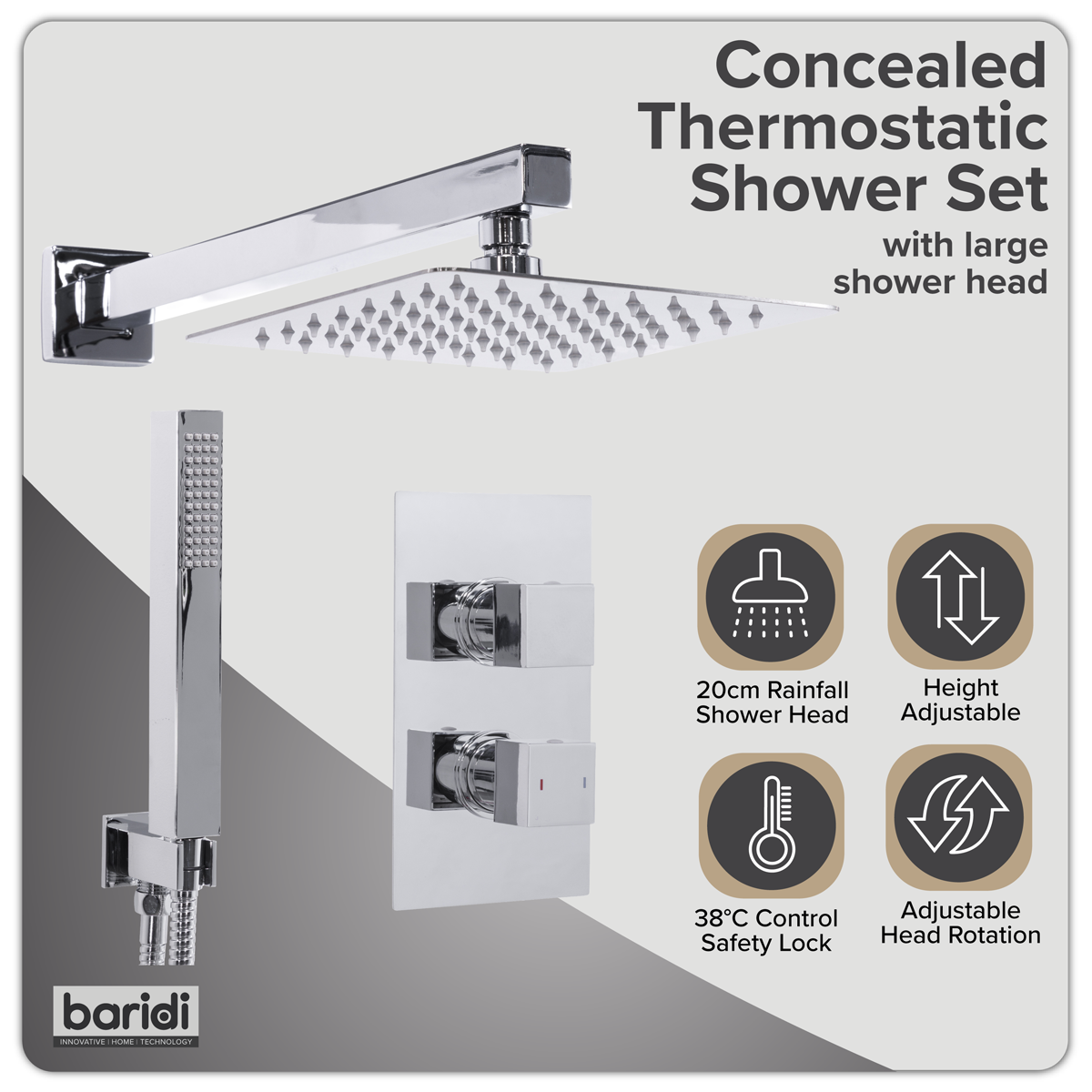 Baridi DH320 Concealed Thermostatic Shower Set 20 x 20cm Square Head & Hand Shower - Chrome