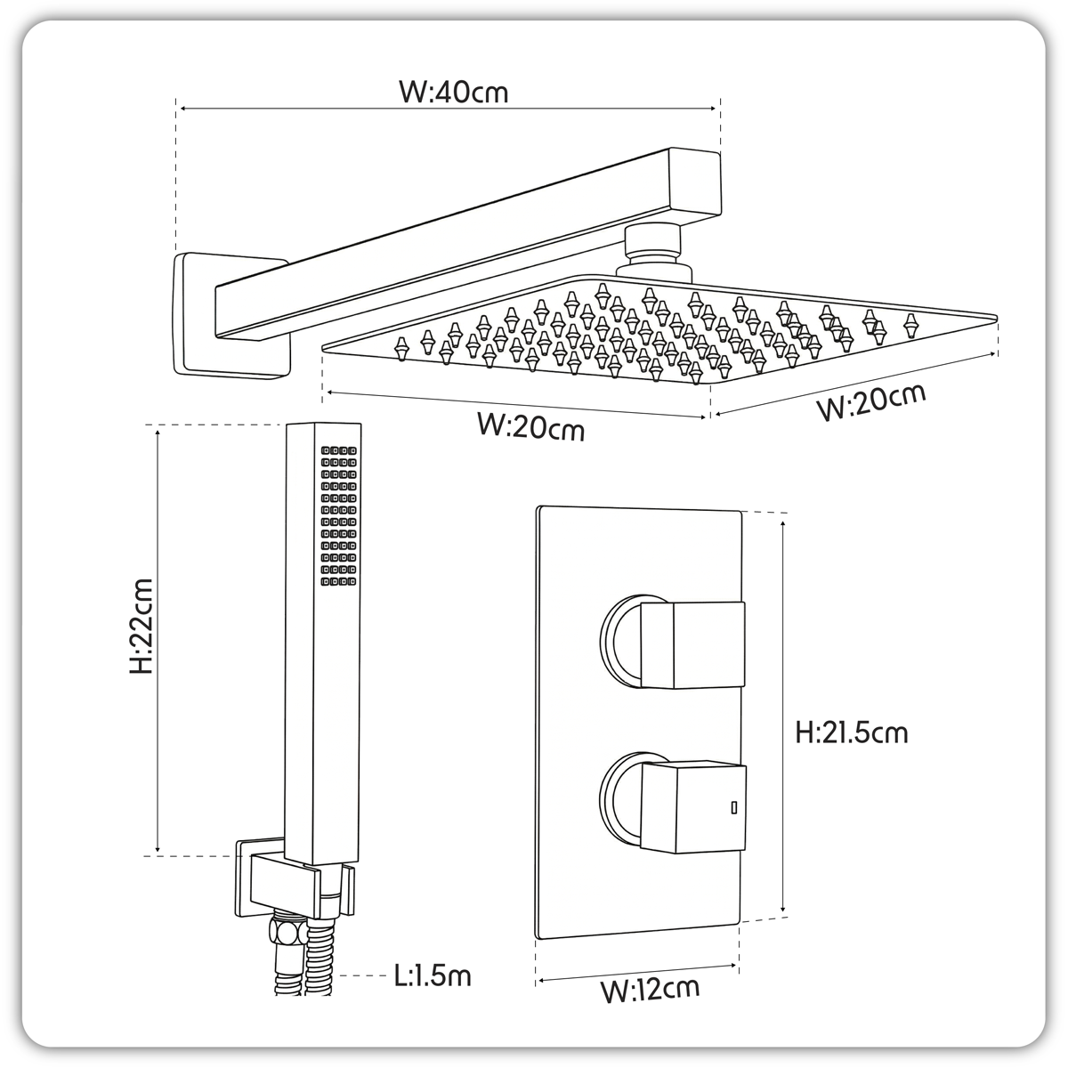 Baridi DH321 Concealed Thermostatic Shower Set 20 x 20cm Square Head & Hand Shower - Black