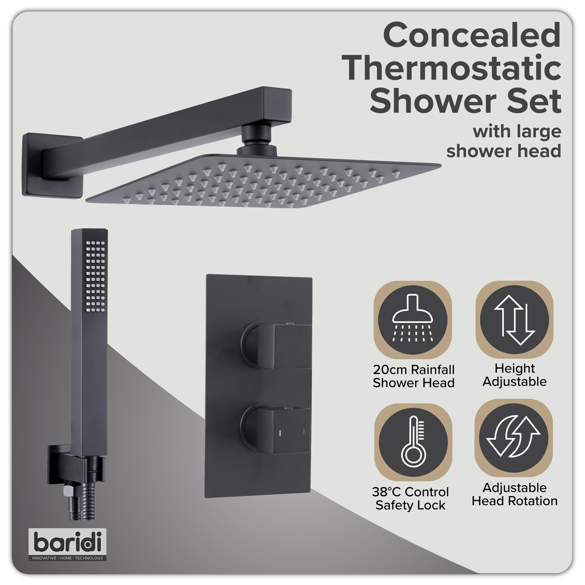 Baridi DH321 Concealed Thermostatic Shower Set 20 x 20cm Square Head & Hand Shower - Black