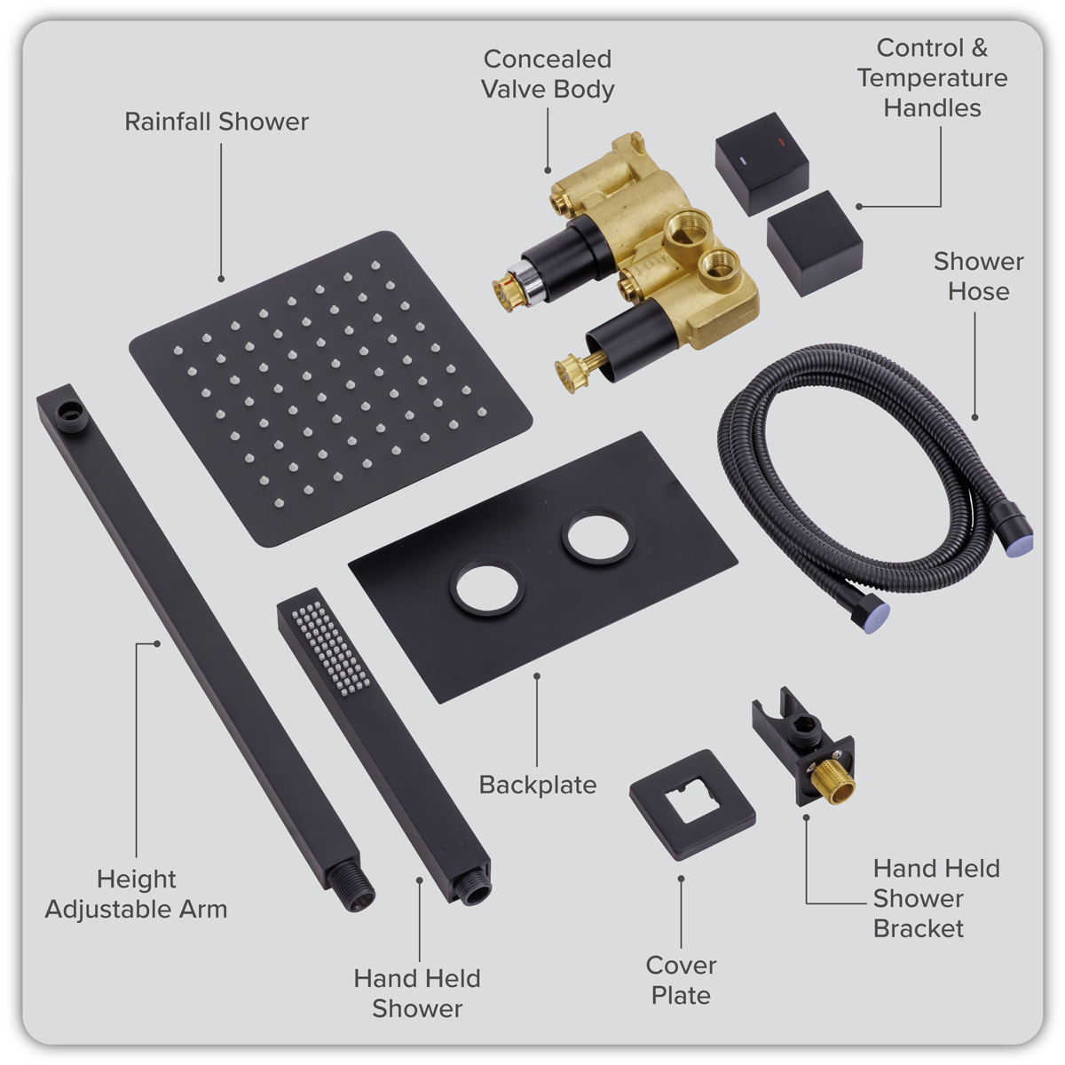 Baridi DH321 Concealed Thermostatic Shower Set 20 x 20cm Square Head & Hand Shower - Black