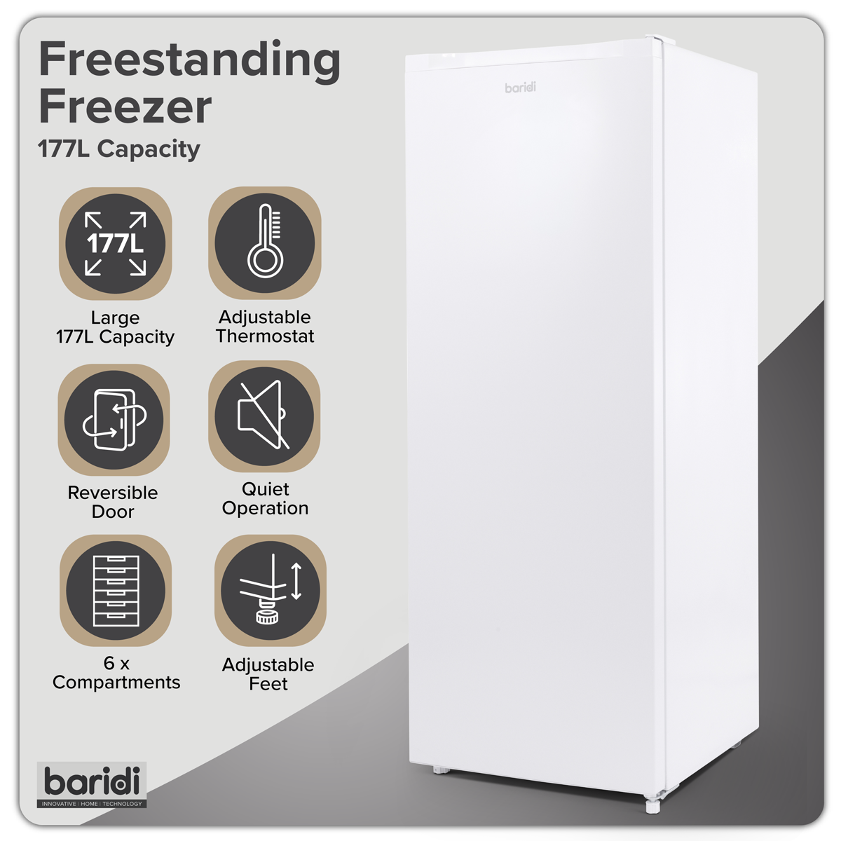 Baridi DH324 Baridi Freestanding Tall Freezer 177L Capacity – White