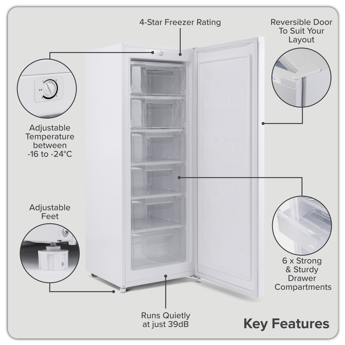 Baridi DH324 Baridi Freestanding Tall Freezer 177L Capacity – White