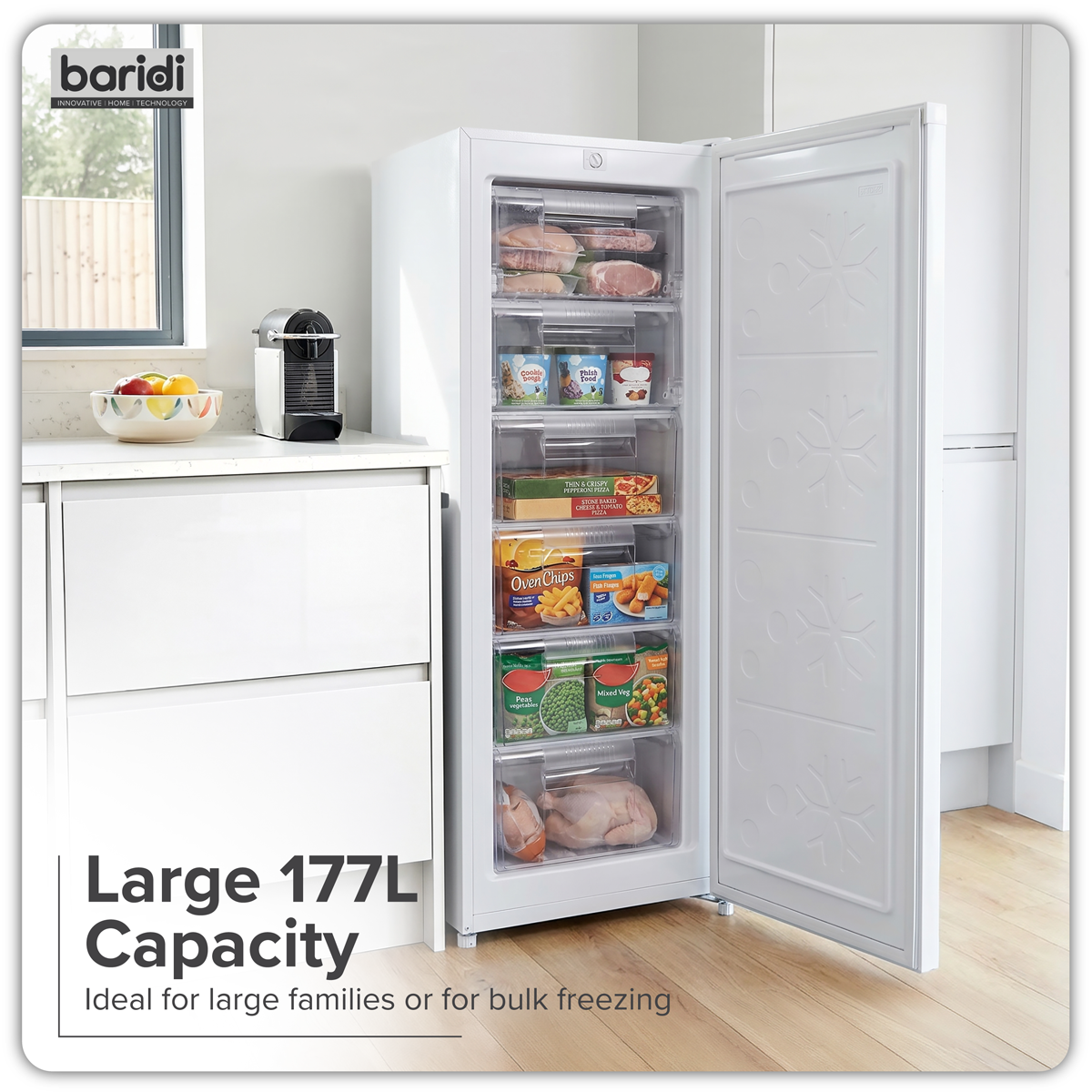 Baridi DH324 Baridi Freestanding Tall Freezer 177L Capacity – White