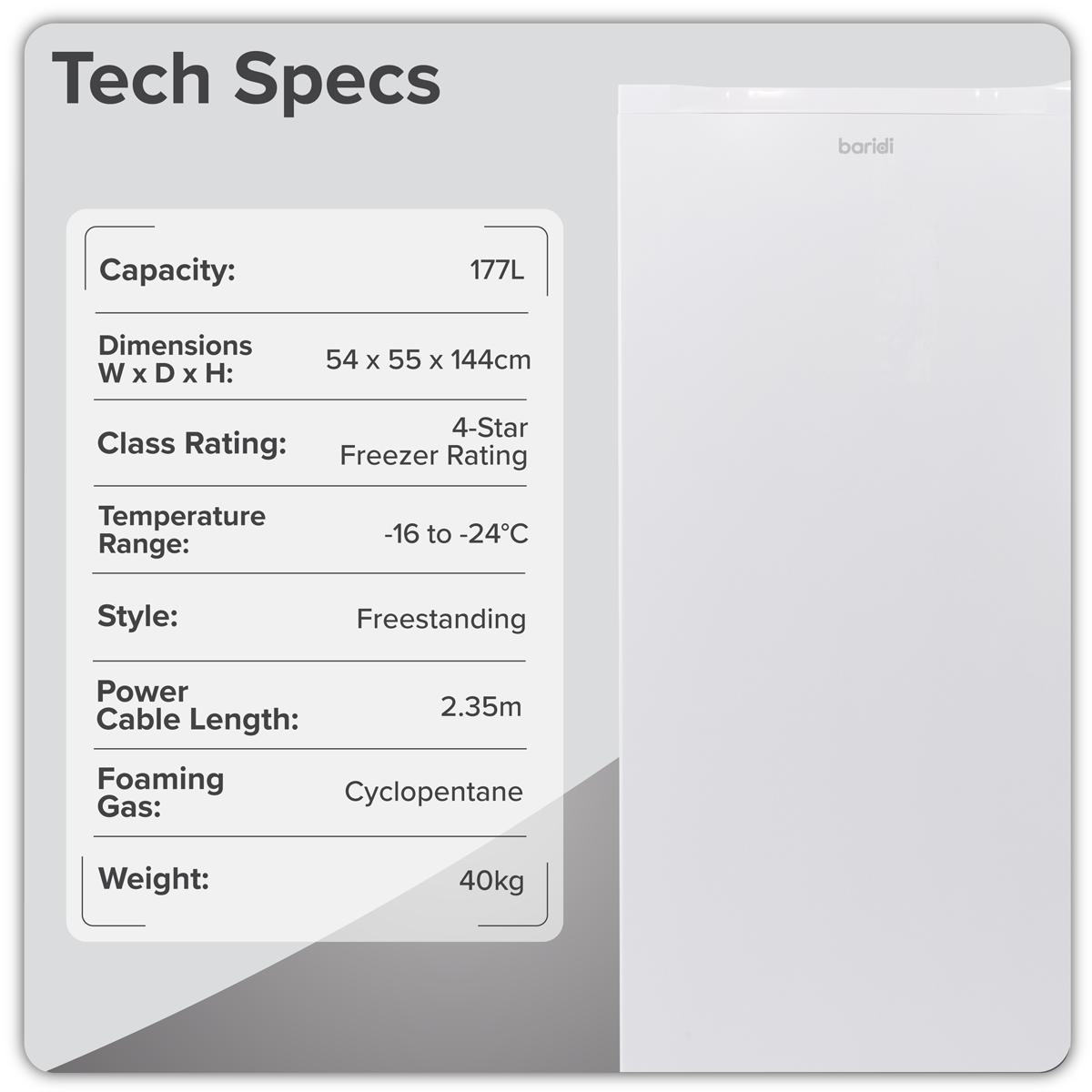 Baridi DH324 Baridi Freestanding Tall Freezer 177L Capacity – White