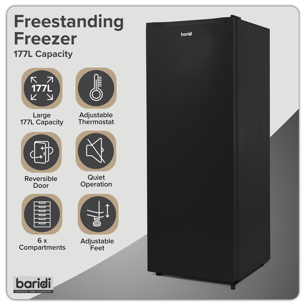 Baridi DH325 Freestanding Tall Freezer 177L Capacity – Black
