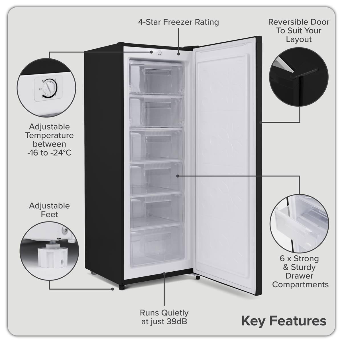 Baridi DH325 Freestanding Tall Freezer 177L Capacity – Black