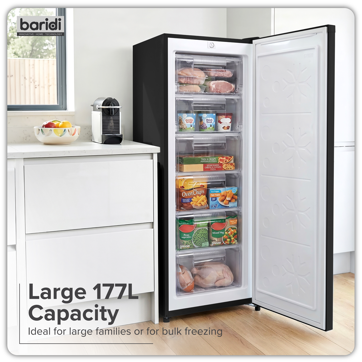 Baridi DH325 Freestanding Tall Freezer 177L Capacity – Black