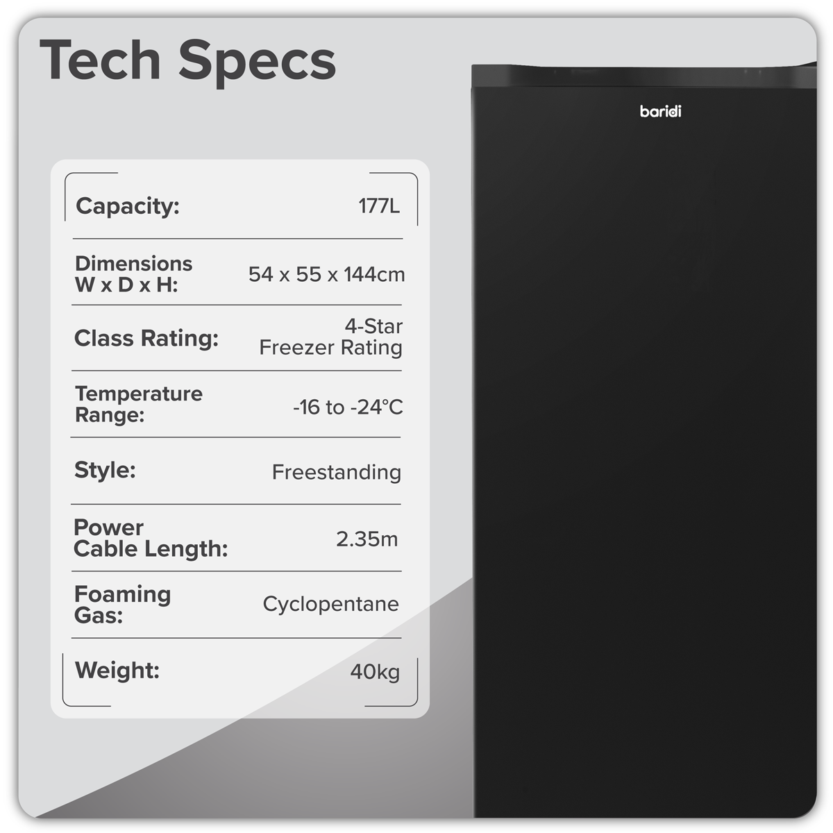 Baridi DH325 Freestanding Tall Freezer 177L Capacity – Black