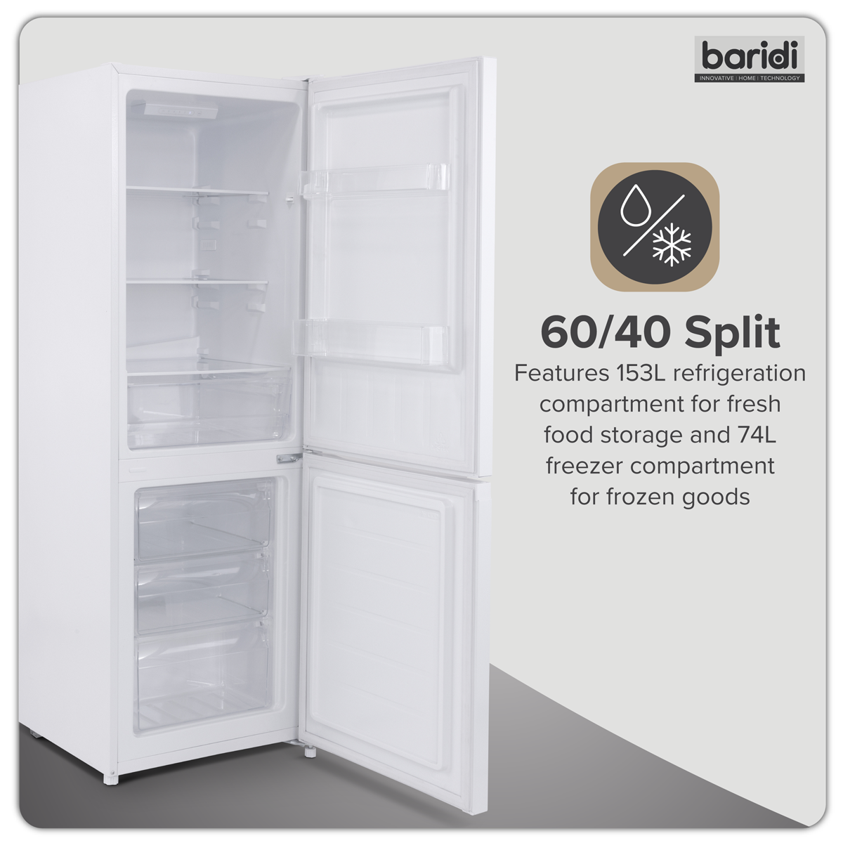Baridi DH326 Baridi 60/40 Smart Frost Fridge Freezer 227L Capacity – White