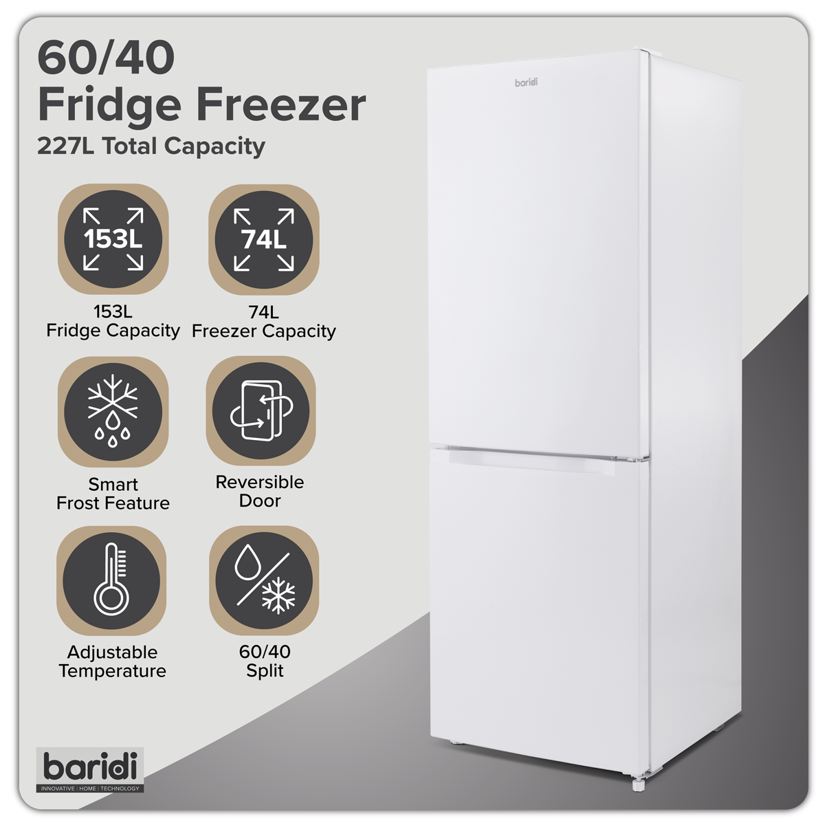 Baridi DH326 Baridi 60/40 Smart Frost Fridge Freezer 227L Capacity – White