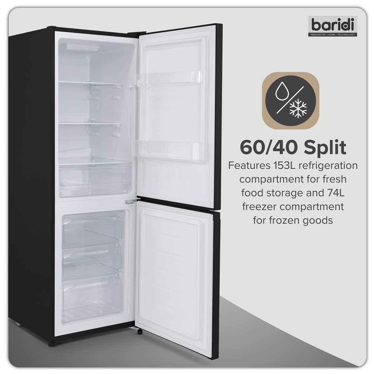 Baridi DH327 Baridi 60/40 Smart Frost Fridge Freezer 227L Capacity – Black
