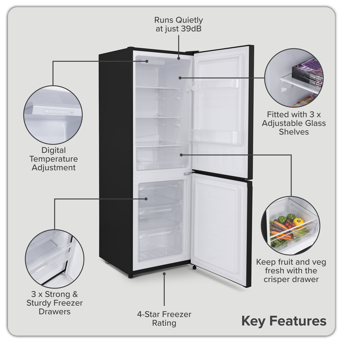 Baridi DH327 Baridi 60/40 Smart Frost Fridge Freezer 227L Capacity – Black