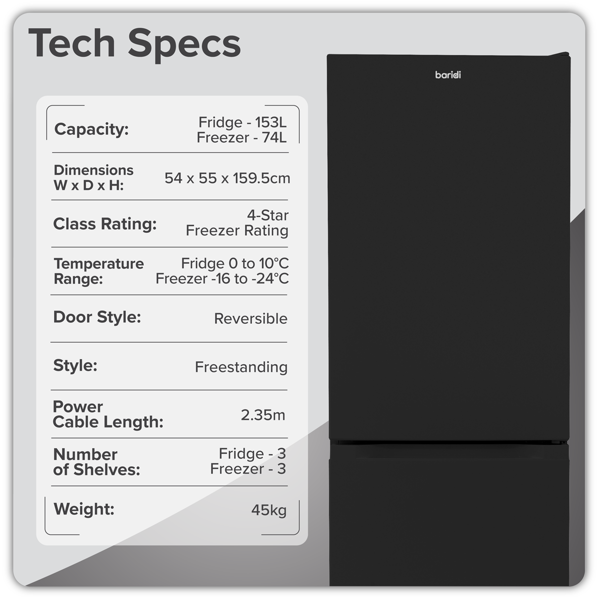 Baridi DH327 Baridi 60/40 Smart Frost Fridge Freezer 227L Capacity – Black