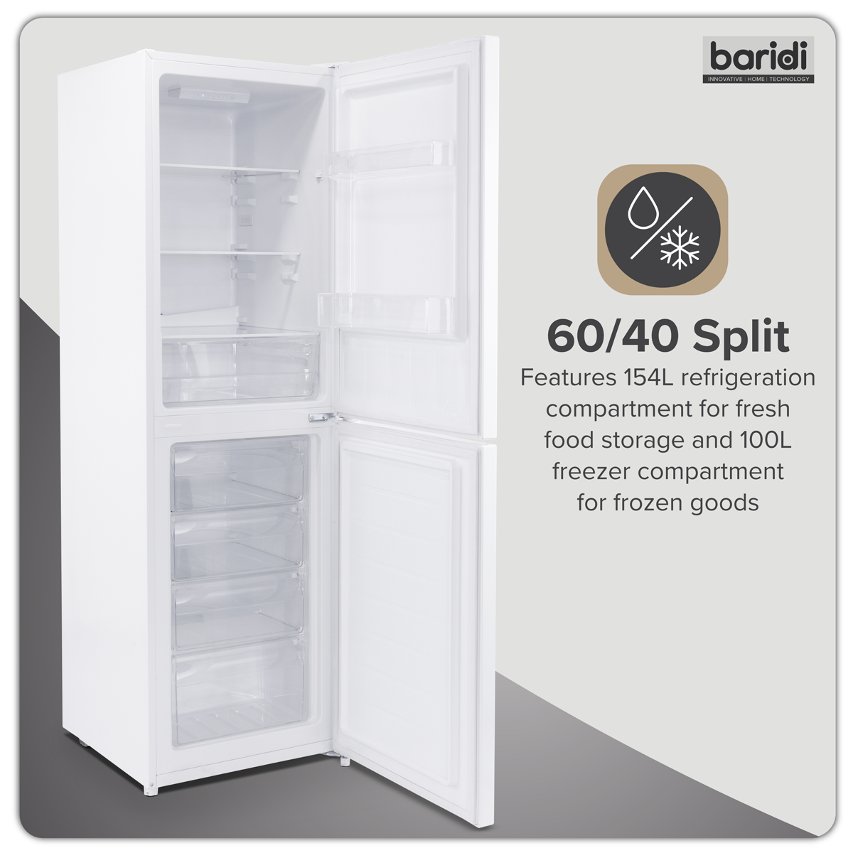 Baridi DH328 Baridi 50/50 Smart Frost Fridge Freezer 254L Capacity – White