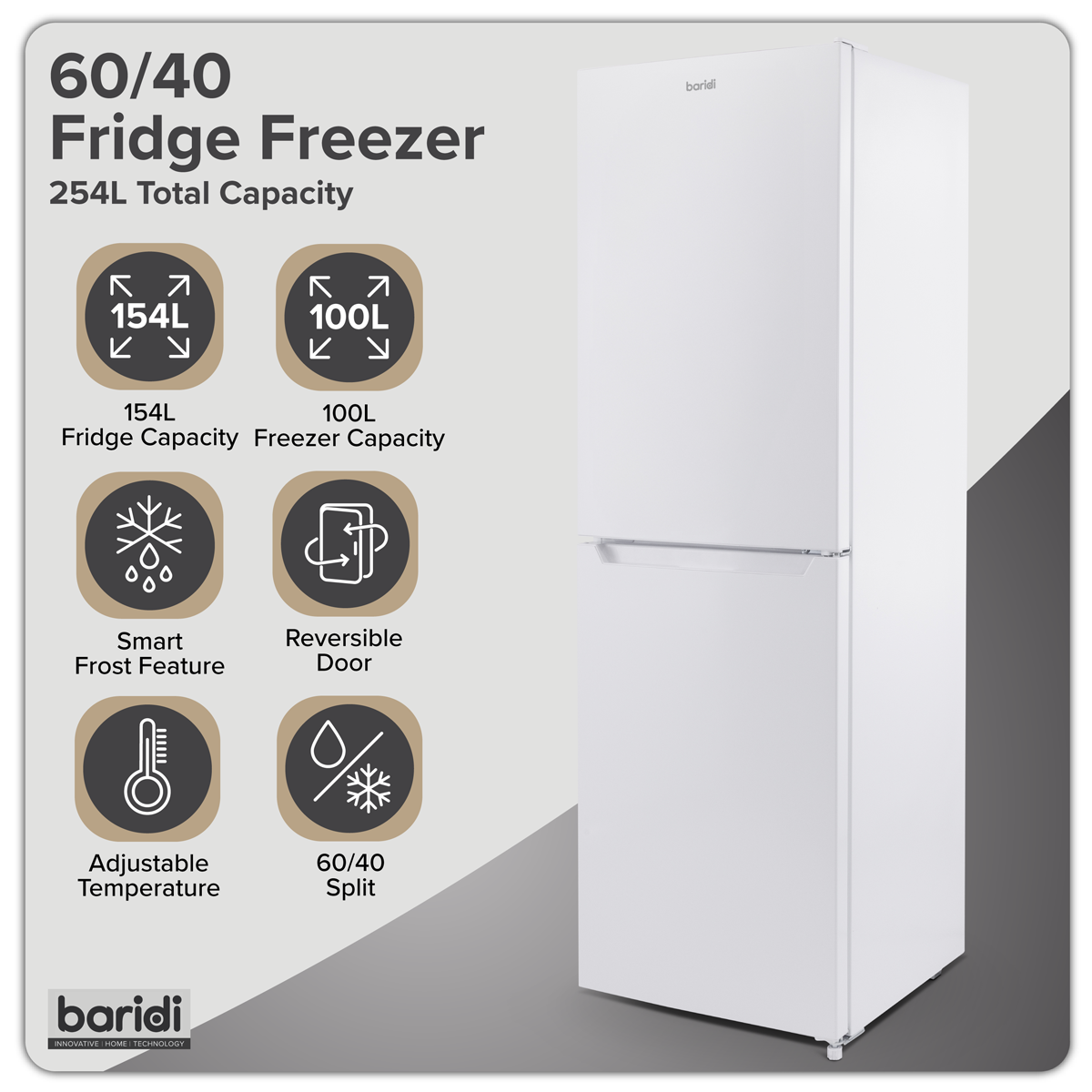 Baridi DH328 Baridi 50/50 Smart Frost Fridge Freezer 254L Capacity – White