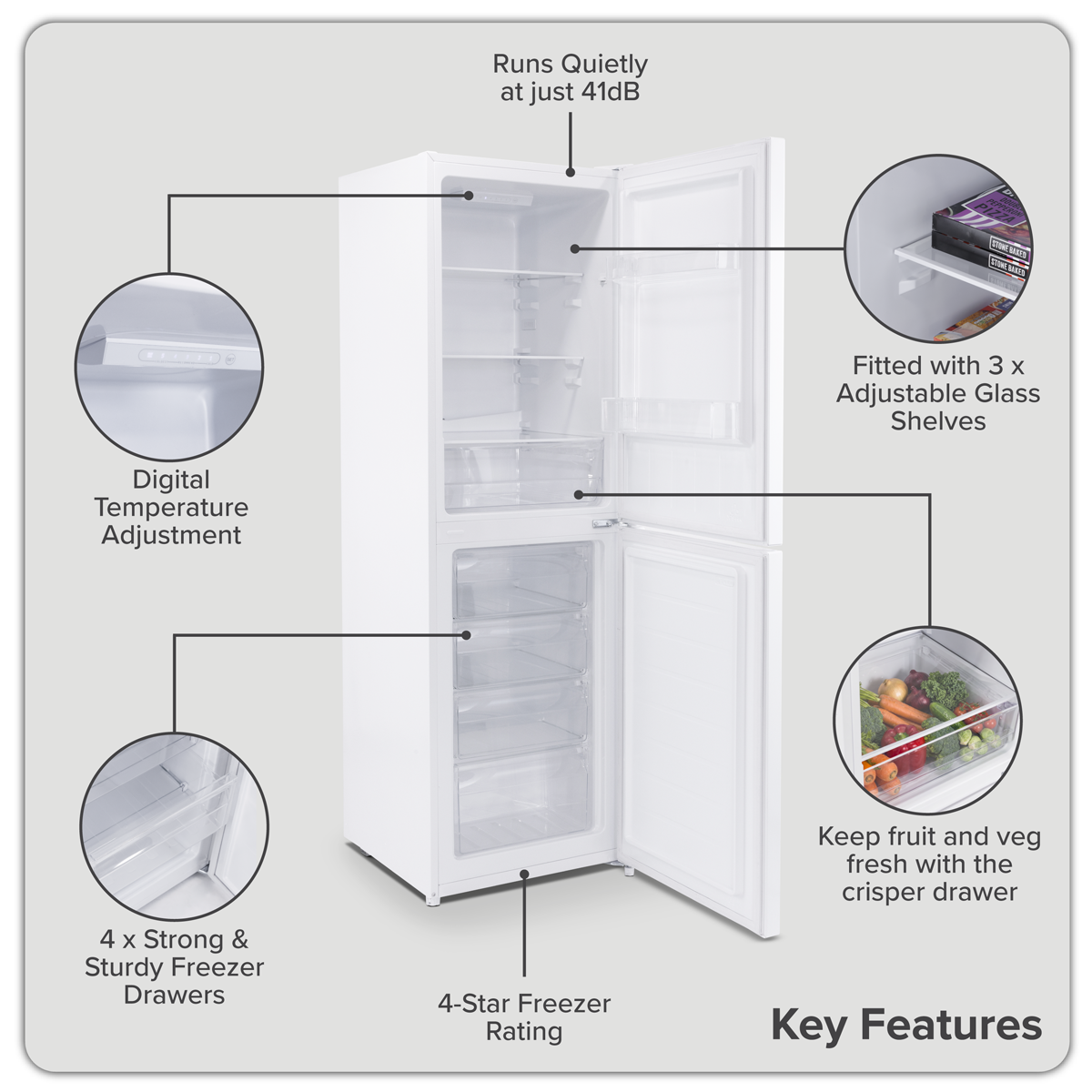 Baridi DH328 Baridi 50/50 Smart Frost Fridge Freezer 254L Capacity – White