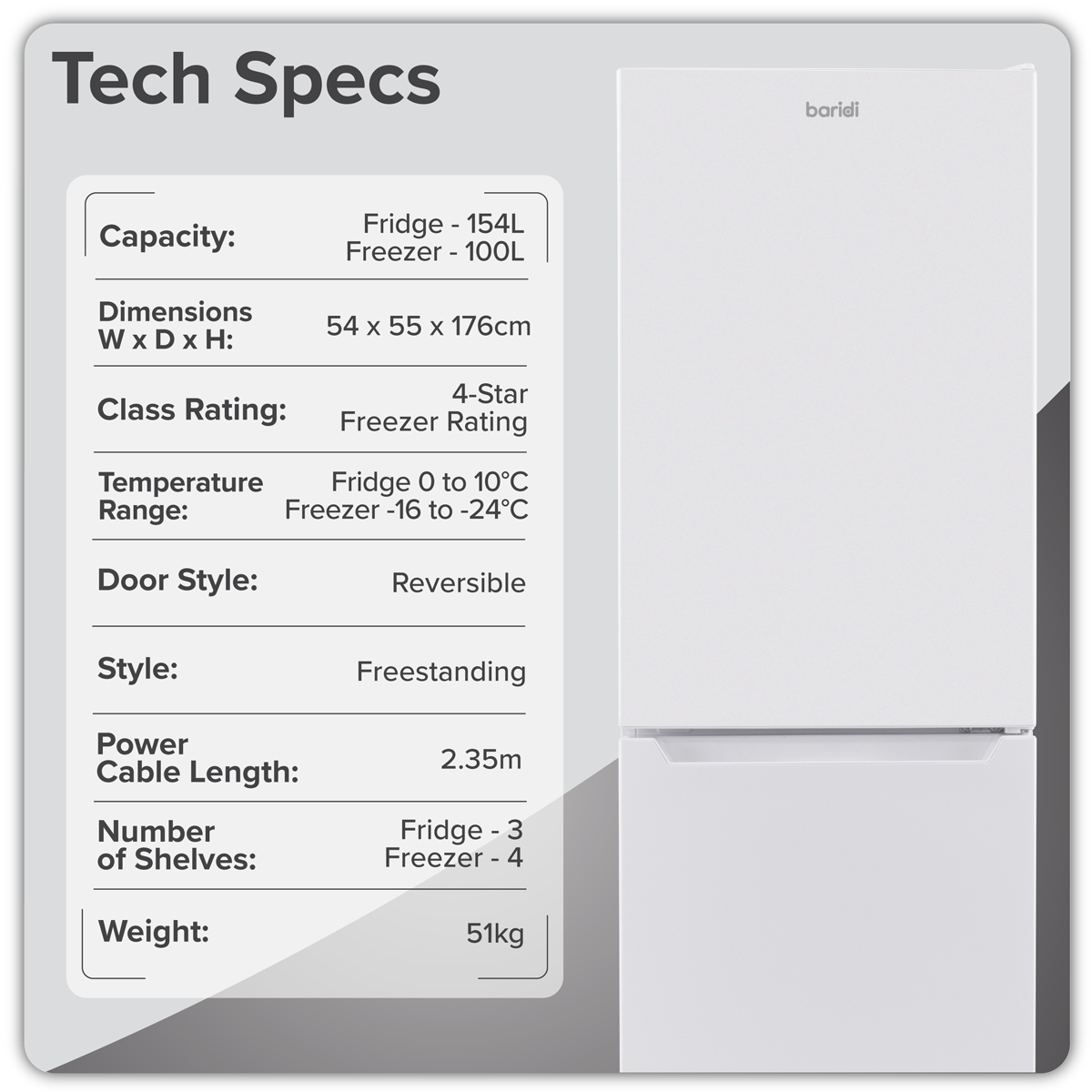 Baridi DH328 Baridi 50/50 Smart Frost Fridge Freezer 254L Capacity – White