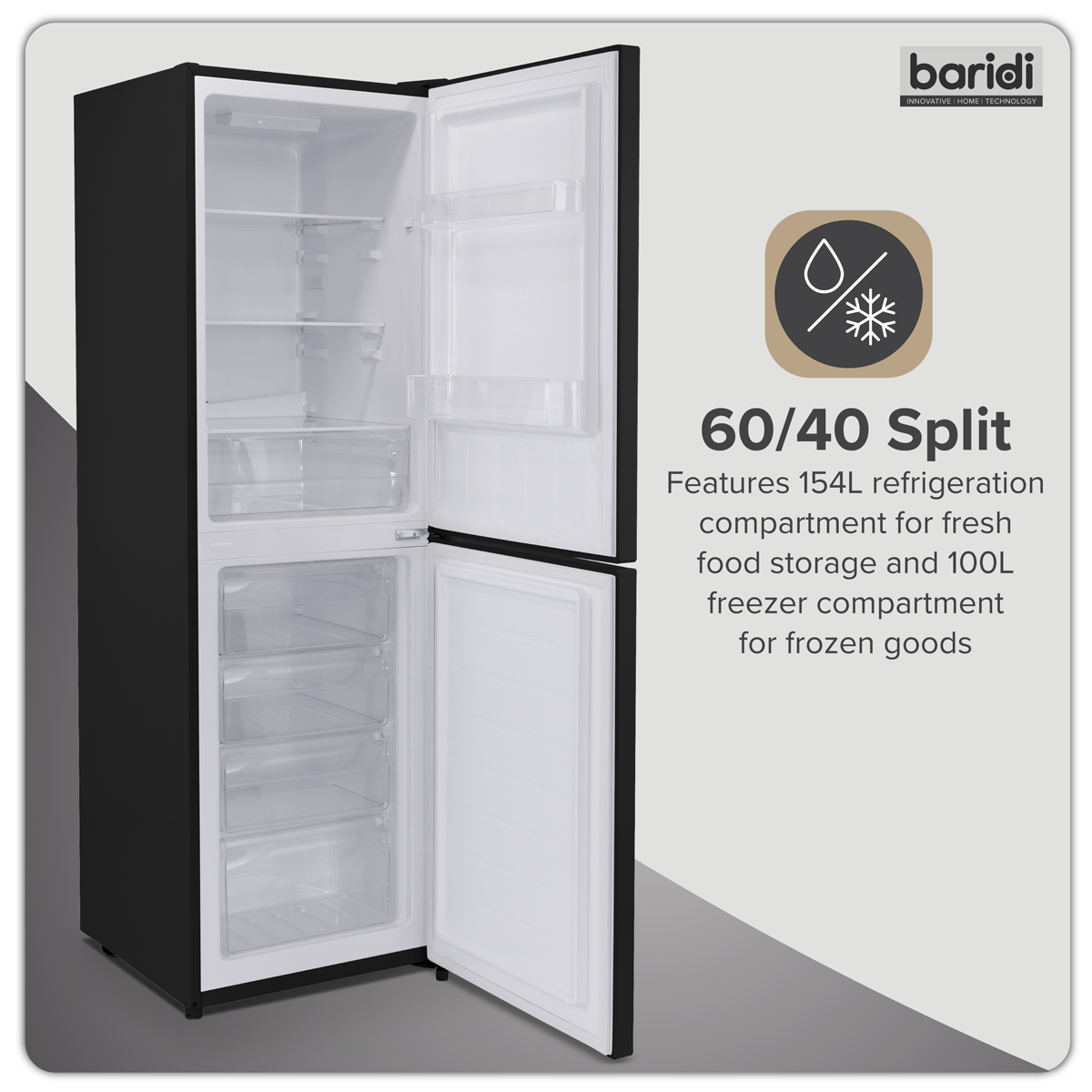 Baridi DH329 Baridi 50/50 Smart Frost Fridge Freezer 254L Capacity – Black