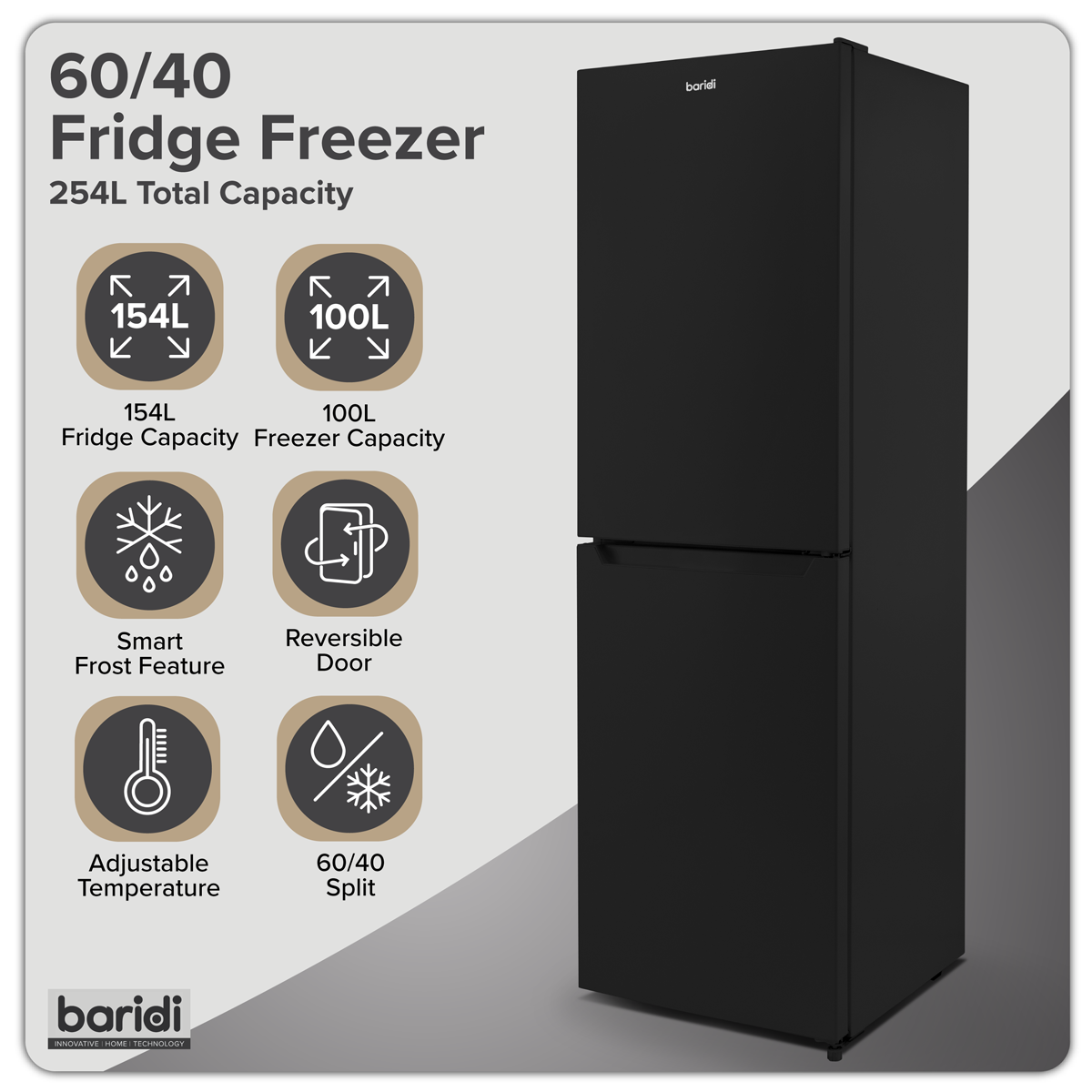 Baridi DH329 Baridi 50/50 Smart Frost Fridge Freezer 254L Capacity – Black