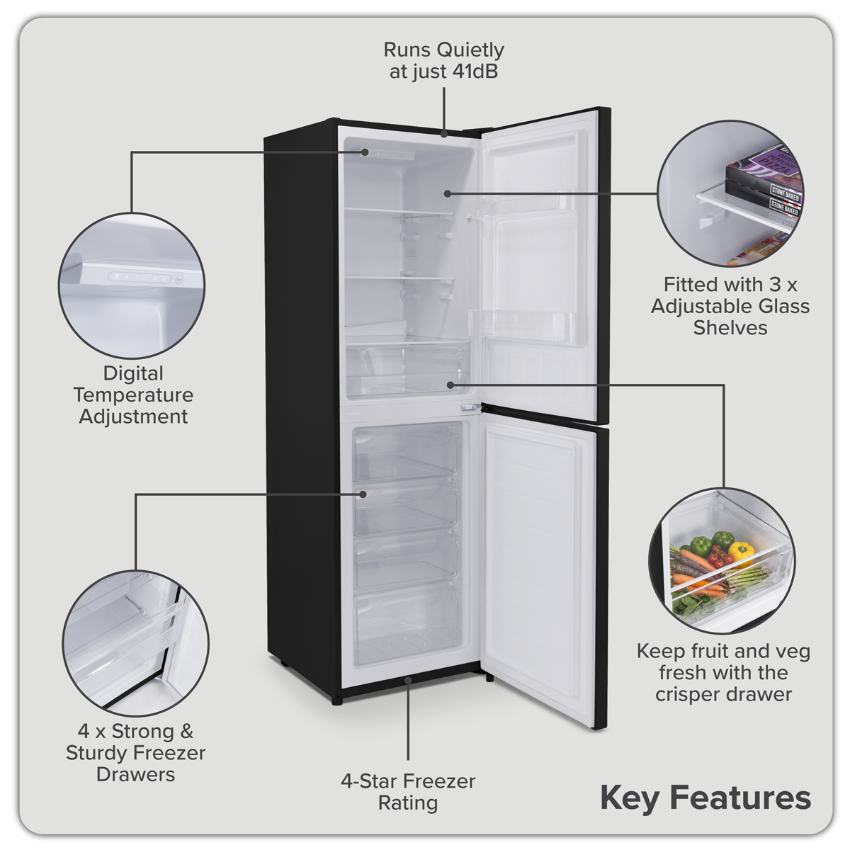 Baridi DH329 Baridi 50/50 Smart Frost Fridge Freezer 254L Capacity – Black