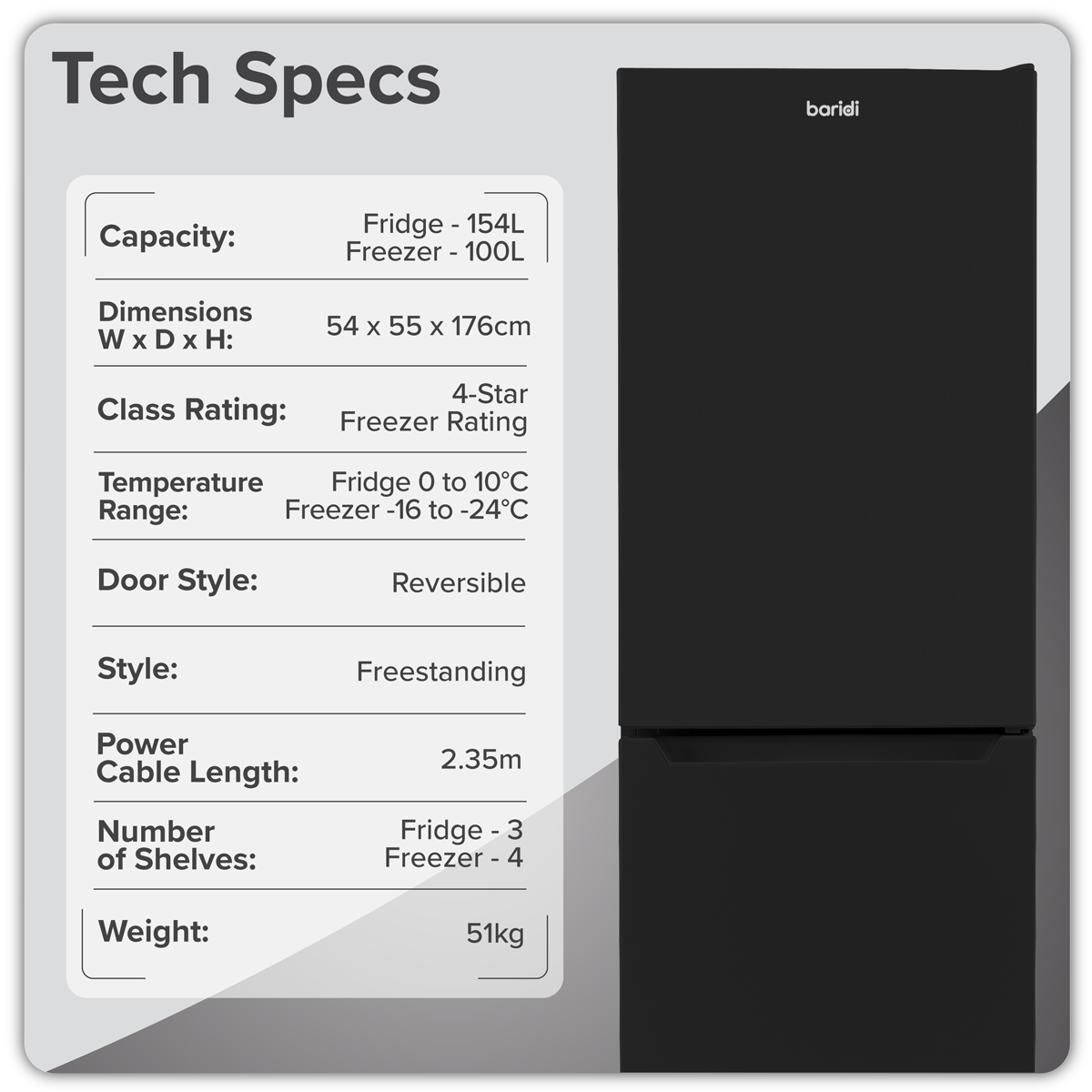 Baridi DH329 Baridi 50/50 Smart Frost Fridge Freezer 254L Capacity – Black