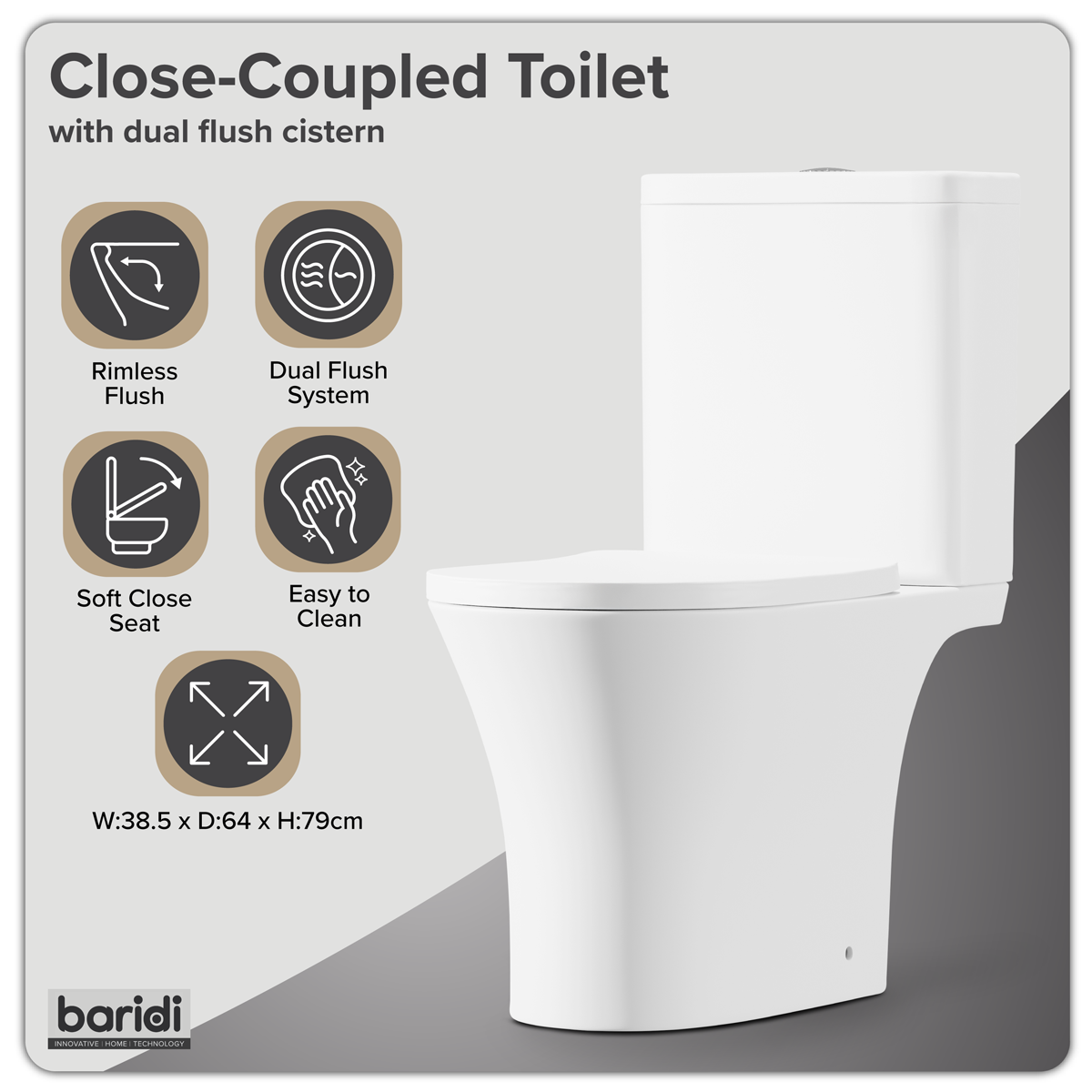 Baridi DH332 Baridi Close-Coupled Toilet with Soft Close Seat, Dual Flush Cistern & Rimless Flush – White