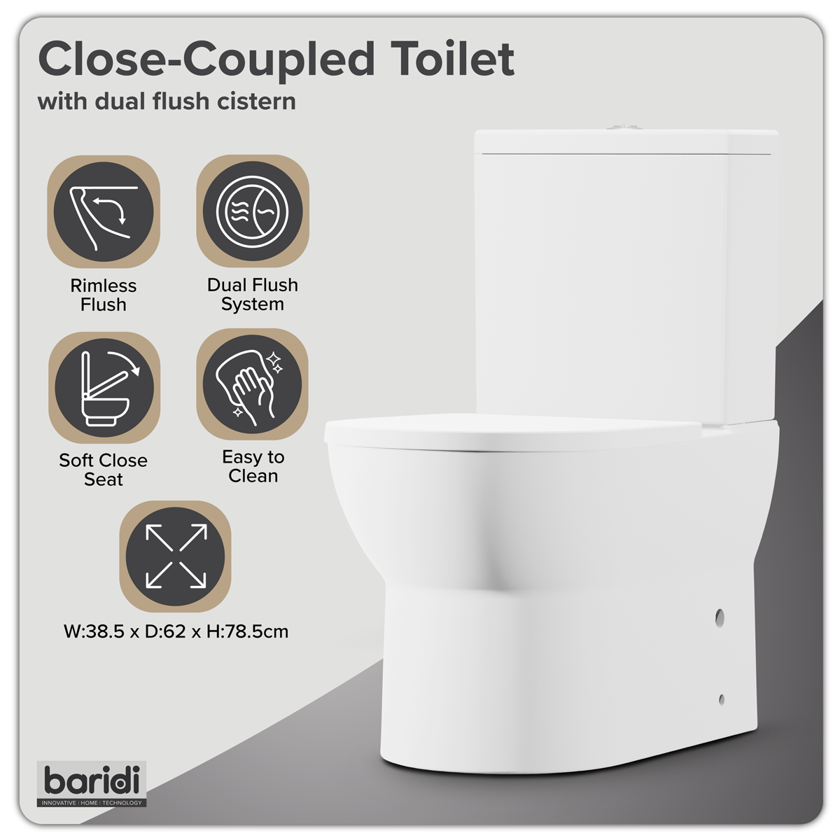 Baridi DH333 Baridi Close-Coupled Toilet with Soft Close Seat, Dual Flush Cistern & Rimless Flush – White