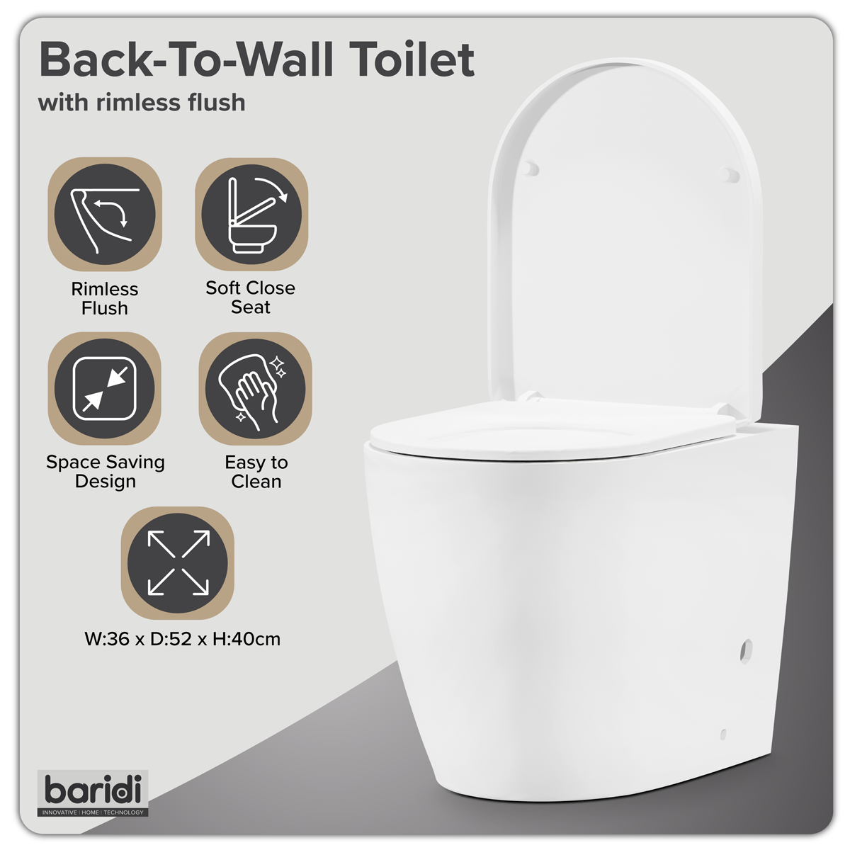 Baridi DH334 Back-to-Wall Toilet with Soft Close Seat & Rimless Flush – White