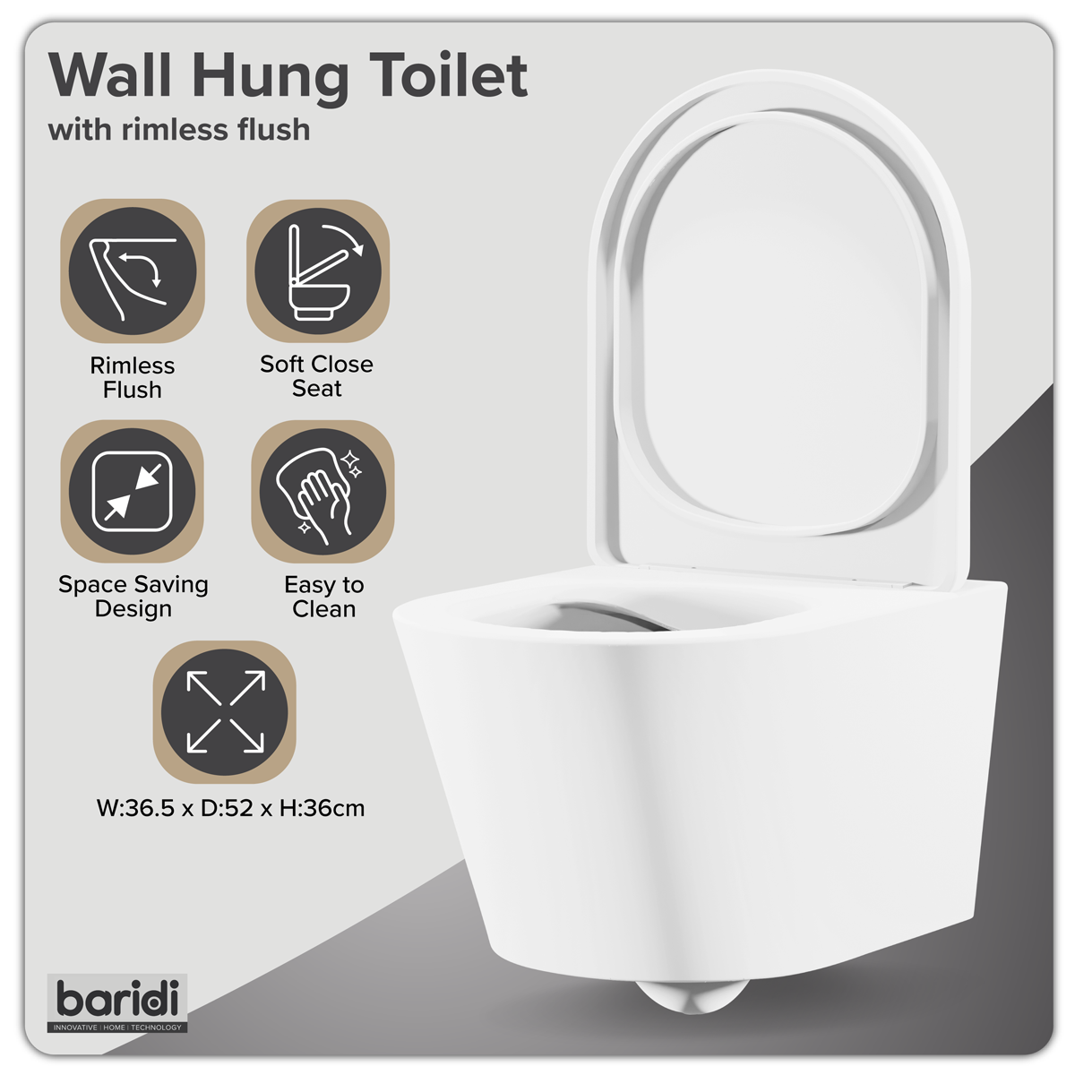Baridi DH335 Wall Hung Toilet with Soft Close Seat & Rimless Flush – White