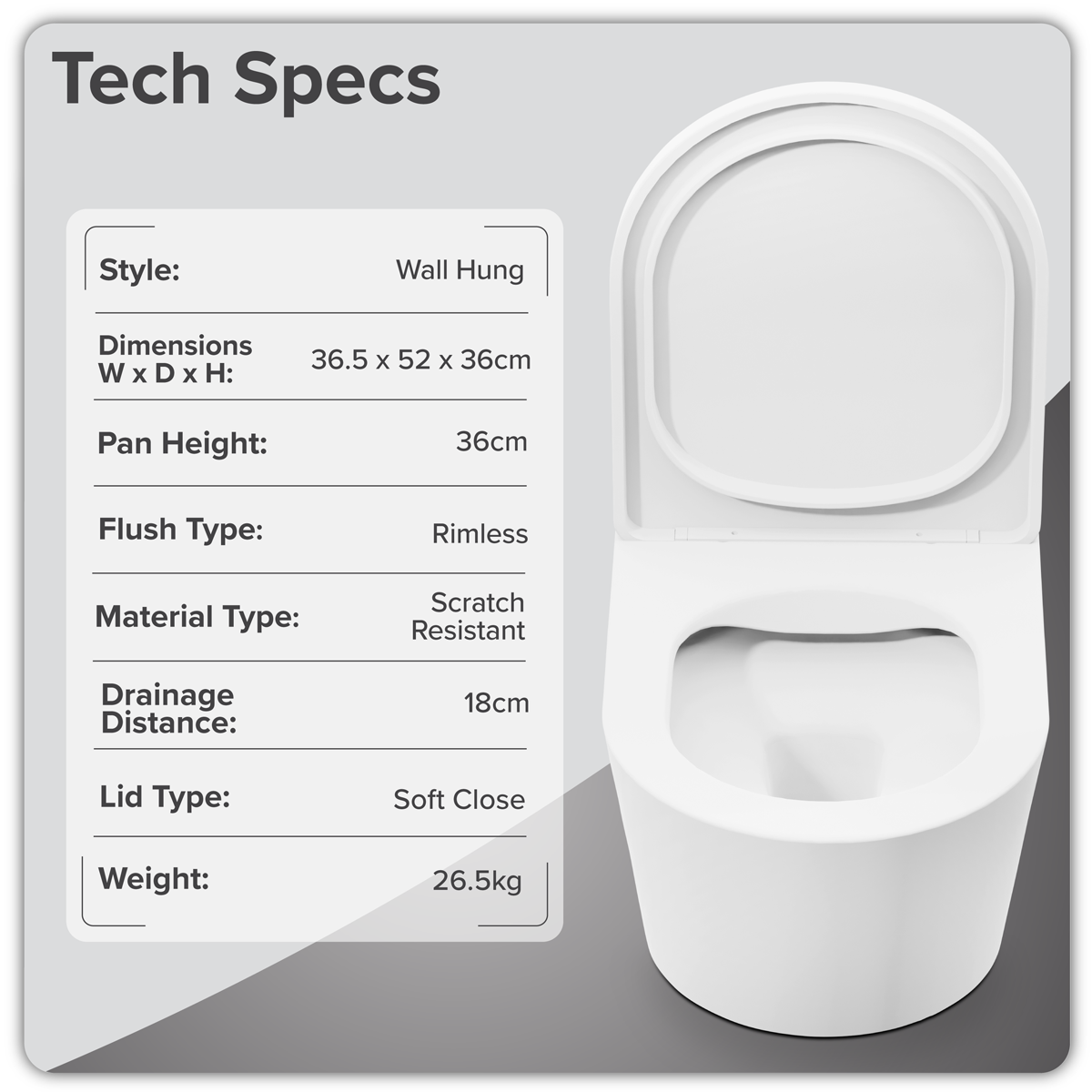 Baridi DH335 Wall Hung Toilet with Soft Close Seat & Rimless Flush – White