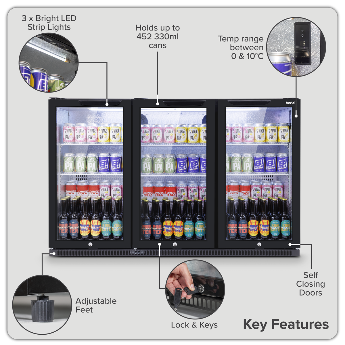Baridi DH336 Baridi Back Bar Drinks Fridge/Cooler with Triple Hinged Door & Security Lock 307L - Black