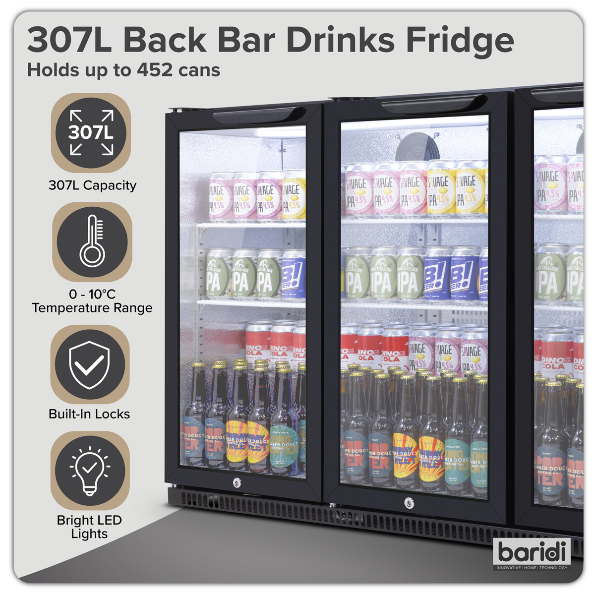 Baridi DH336 Baridi Back Bar Drinks Fridge/Cooler with Triple Hinged Door & Security Lock 307L - Black