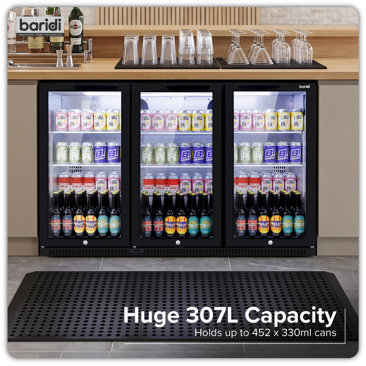 Baridi DH336 Baridi Back Bar Drinks Fridge/Cooler with Triple Hinged Door & Security Lock 307L - Black