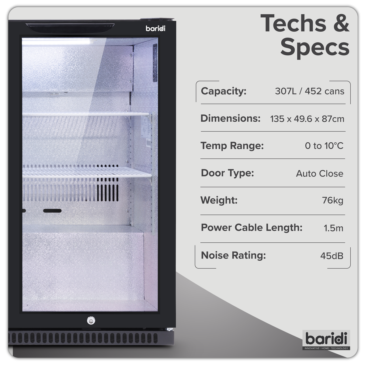 Baridi DH336 Baridi Back Bar Drinks Fridge/Cooler with Triple Hinged Door & Security Lock 307L - Black