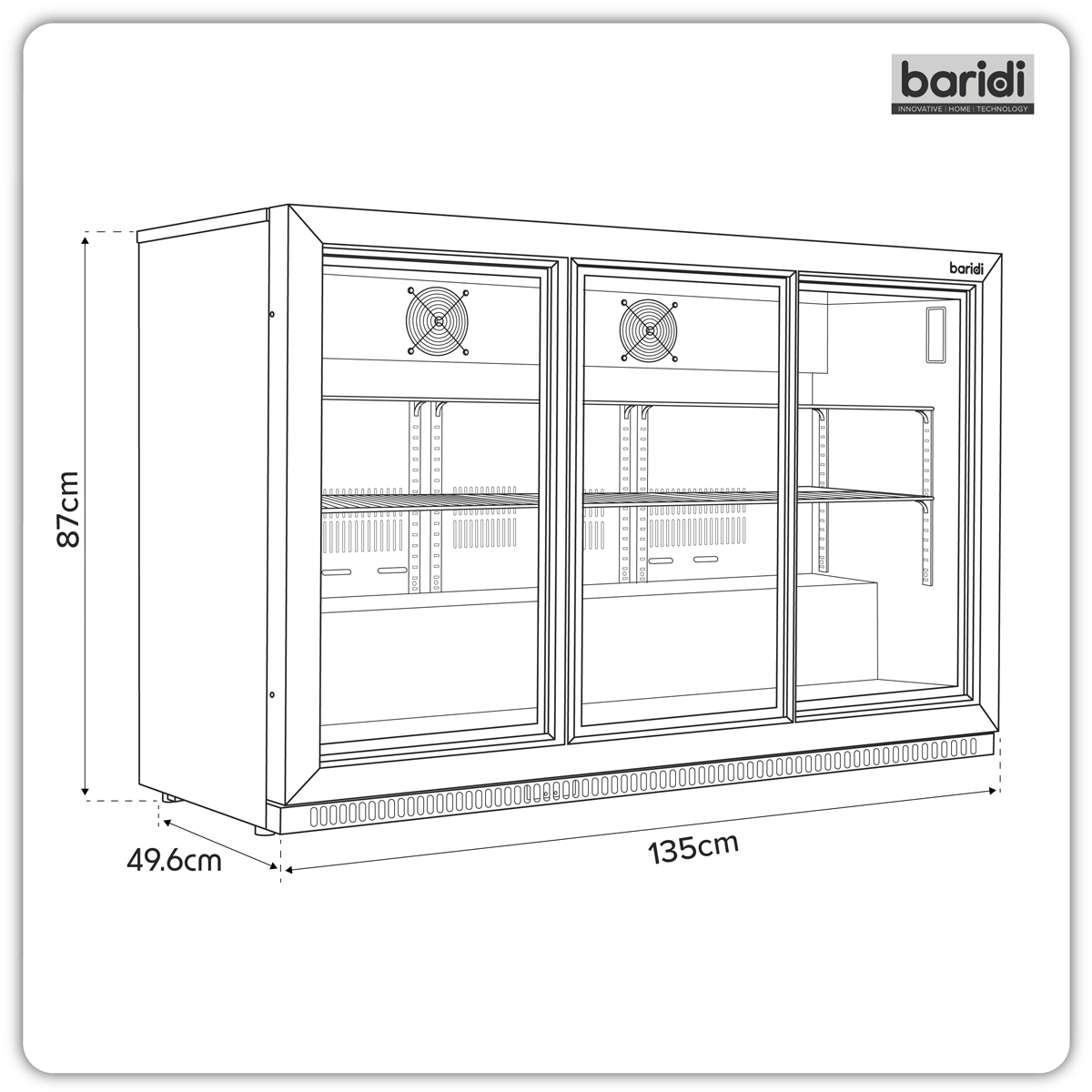 Baridi DH337 Baridi Back Bar Drinks Fridge/Cooler with Triple Sliding Door & Security Lock 307L - Black