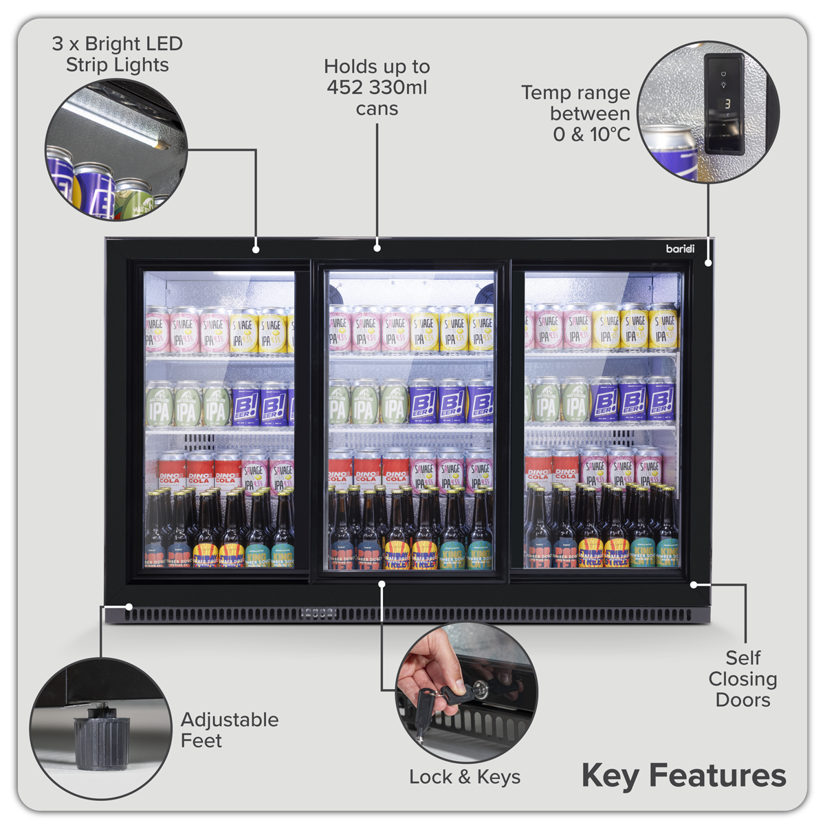 Baridi DH337 Baridi Back Bar Drinks Fridge/Cooler with Triple Sliding Door & Security Lock 307L - Black