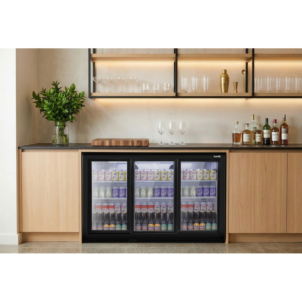 Baridi DH337 Baridi Back Bar Drinks Fridge/Cooler with Triple Sliding Door & Security Lock 307L - Black