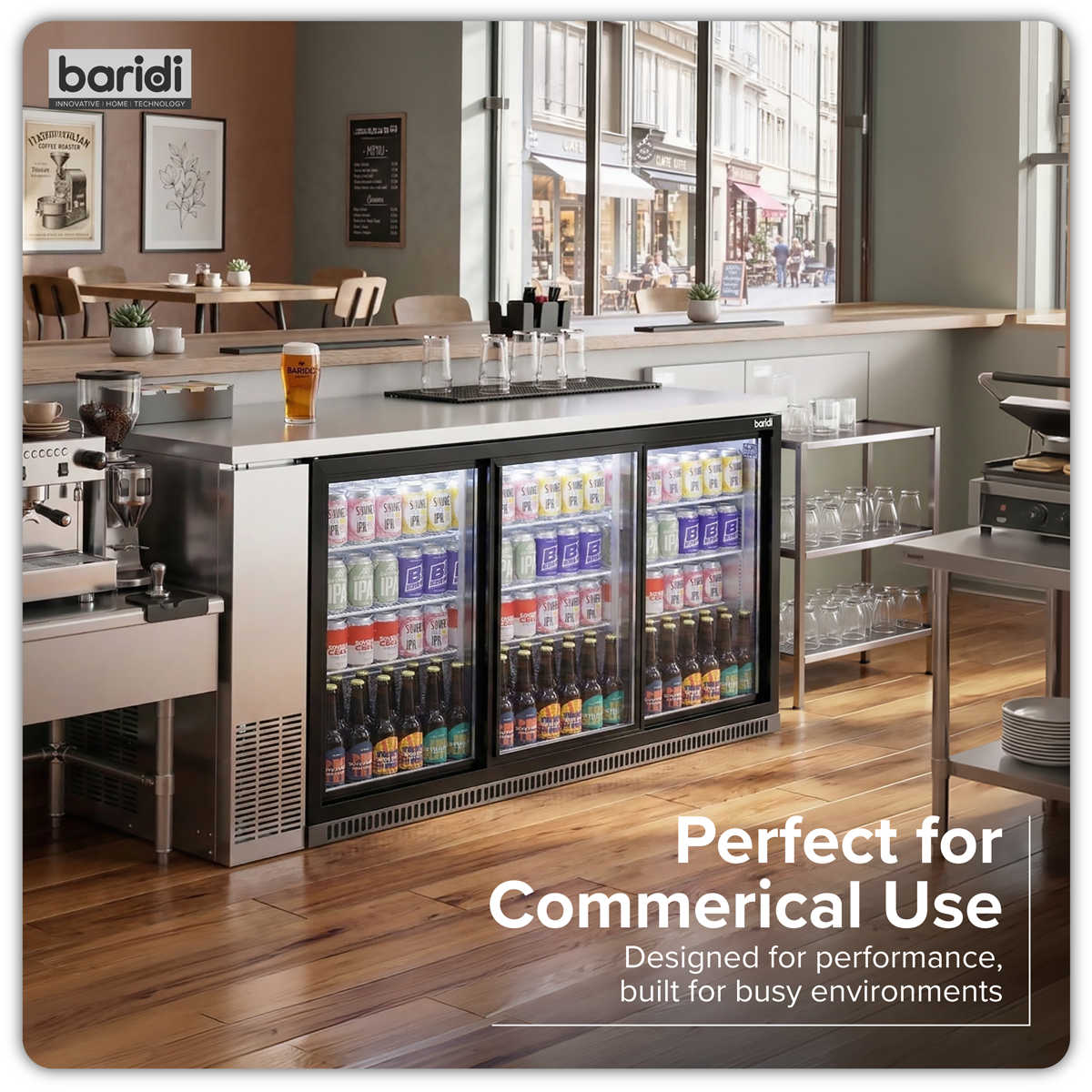 Baridi DH337 Baridi Back Bar Drinks Fridge/Cooler with Triple Sliding Door & Security Lock 307L - Black