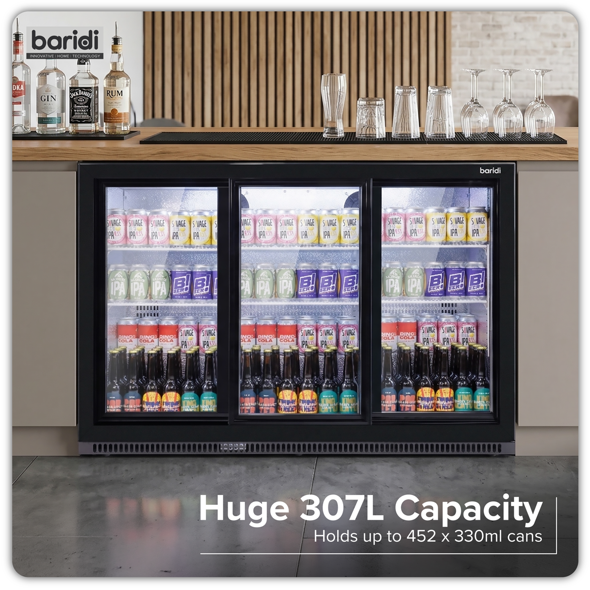 Baridi DH337 Baridi Back Bar Drinks Fridge/Cooler with Triple Sliding Door & Security Lock 307L - Black