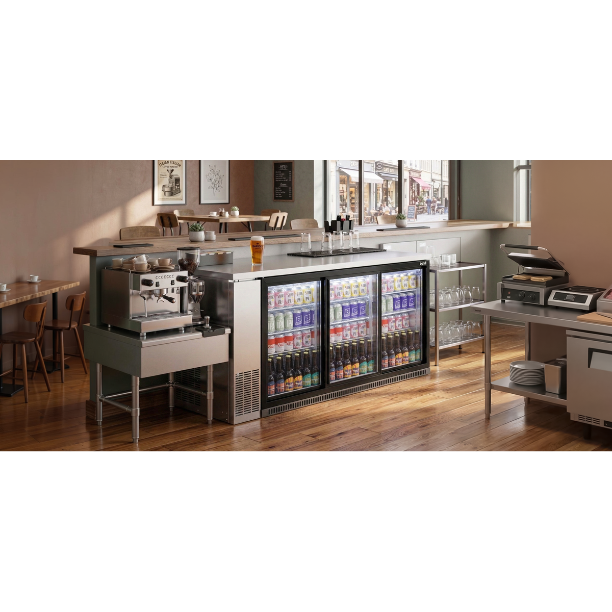 Baridi DH337 Baridi Back Bar Drinks Fridge/Cooler with Triple Sliding Door & Security Lock 307L - Black