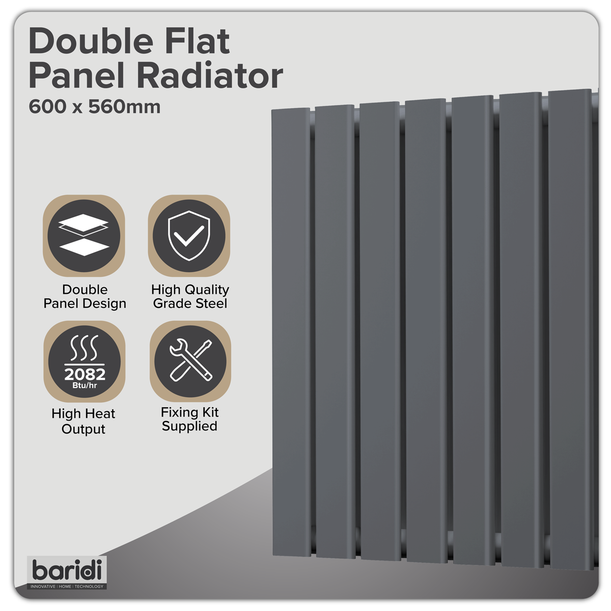 Baridi DH339 Baridi Horizontal Radiator Contemporary Double Flat Panel Design 600 x 560mm – Anthracite